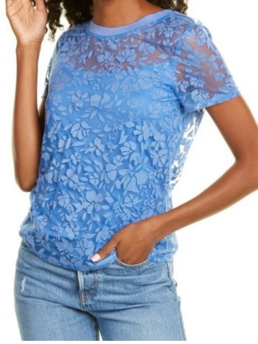 Laundry Shelli Segal Dutch Blue Sheer Lace Top XL NWT